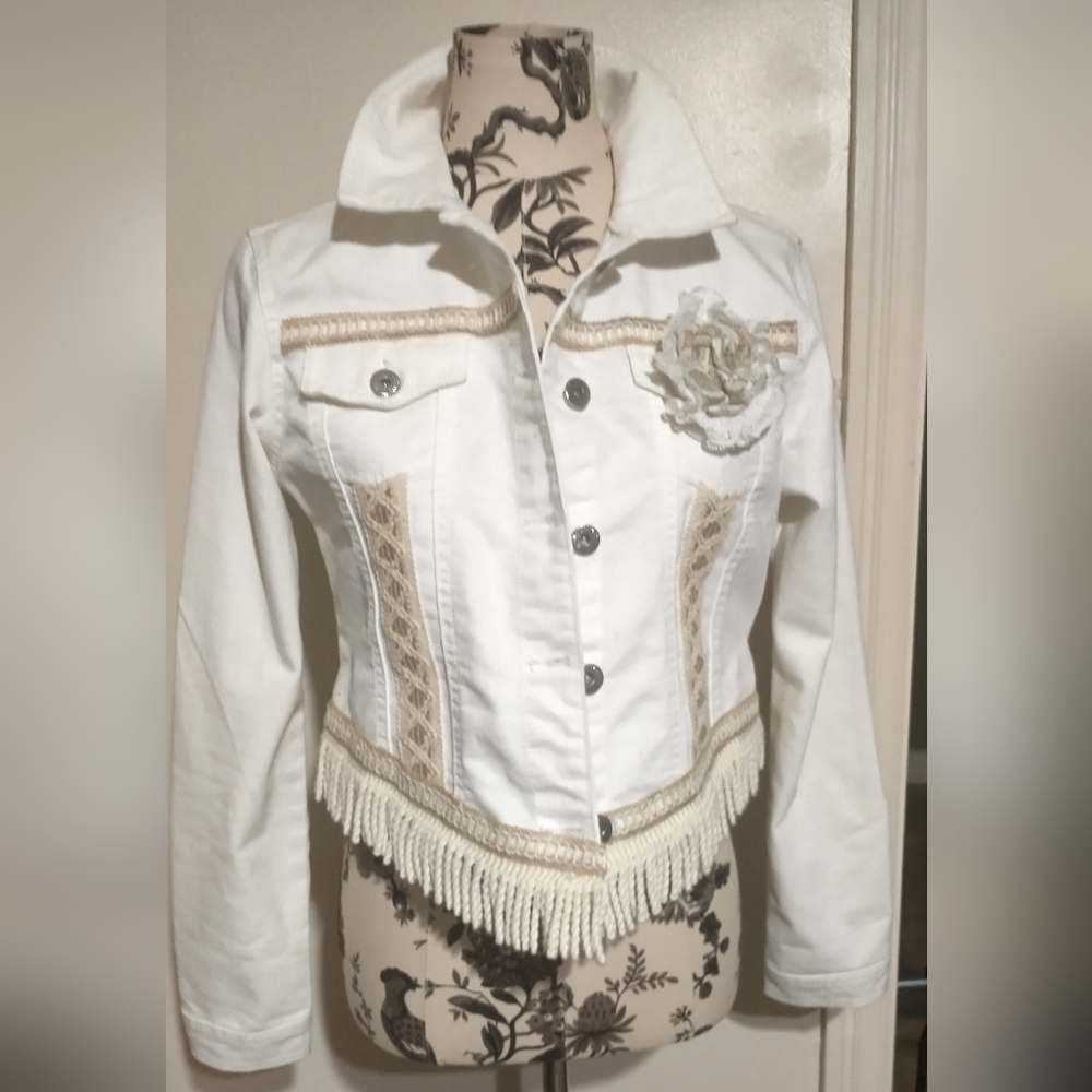 Hand Crafted White and Cream Jean Jacket
